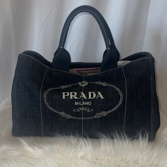 Prada Handbags - Prada Navy Denim Tote with Logo